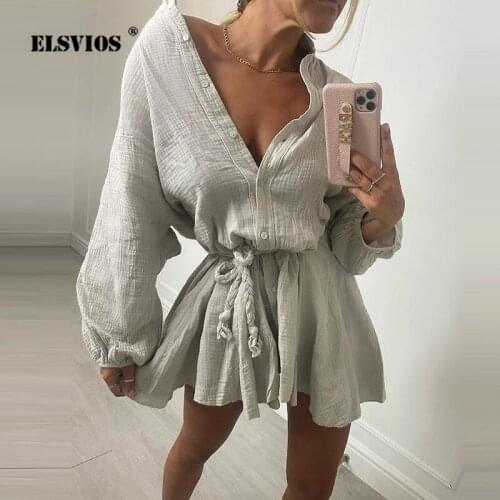 Elegant Ladies Dress Sexy V-neck Lantern Sleeve Casual Lace-up Solid Ruffle Dress New Fall Summer Women Fashion Dresses Vestidos