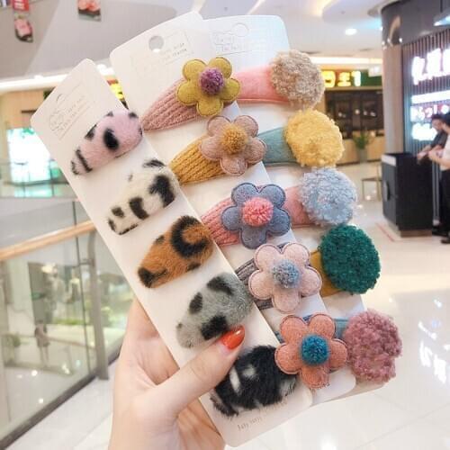5 Pcs/Set Winter Girl Cute Cartoon Soft Faux Fur Hair Clips For Women Headband Sweet Hairpins Barrettes Fashion Hair Accessories