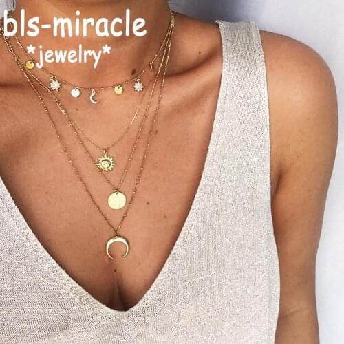 Bls-miracle Boho Sun Moon Star Crystal Pendant Necklaces For Women Vintage Sequin Long Choker Necklace Golden Statement Jewelry