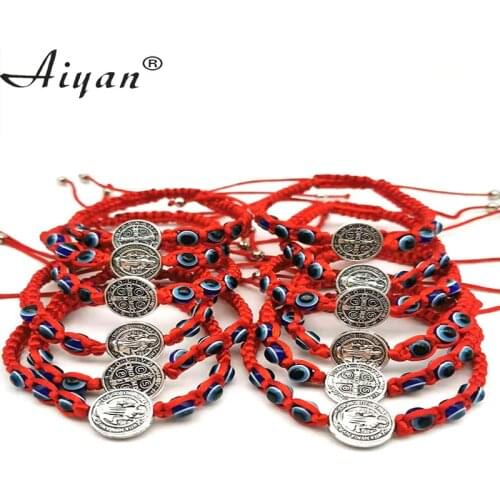 12Pieces Religious 1.5cm Alloy Saint Benedict And Resin Eyes Woven Bracelets Men Or Women For Prayer To Protection As Gifts