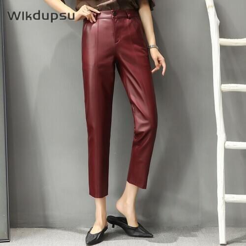 High Waisted 100% Genuine Leather Trousers Women Casual Luxury Real Sheepskin Ladies Pencil Pants Female Spring Autumn Plus Size