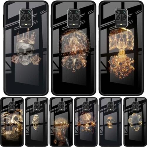 Golden Skull Skeleton Art Cases For Redmi Note 10 K40 9S 8 Pro Plus 9 7 8T 9C 9A Tempered Glass Phone Case Fundas Cover Bumper