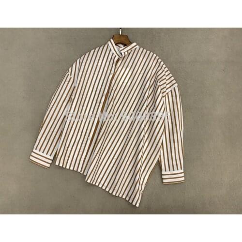 [ElfStyle] - Noma shirt Striped asymmetric TOPS stand-up collar Drop Shoulders Fashion COTTON BLOUSE WOMAN 2020NEW