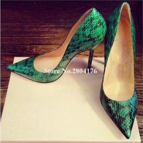 Brand Style Women Fashion Pointed Toe Green Snake Leather Thin Heel Pumps Classical Style High Heels Party Dress Shoes
