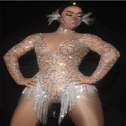 H22 Female mesh rhinestones bodysuit diamonds crystal short jumpsuit dj diamonds outfit bar peroform costumes proom wear party