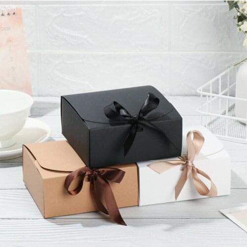 10pcs Square Kraft Paper Box Package Valentines Day Gift Candy Storage Boxes With Ribbons Birthday Party Favor Bags