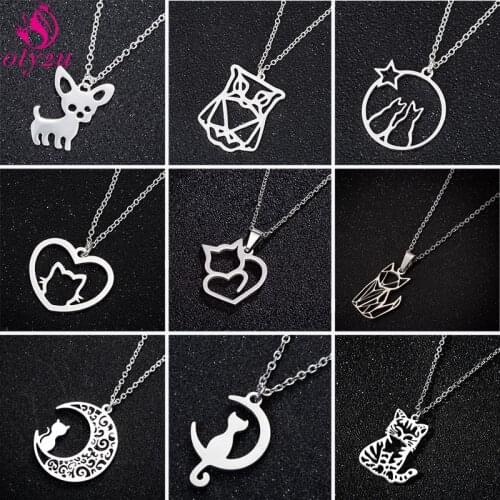 A Piece of Fashionable New Stainless Steel Necklace Cute Hollow Dog Owl Heart-Shaped Kitten Pendant Chain Girl Jewelry Gift 2020