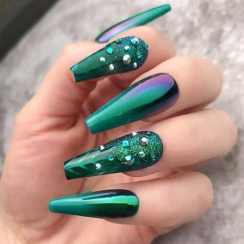 Nail Stickers Glue Super Long Coffin Armor Dark Green Ballet Armor Diamond Wearing Nail Art Light Easy to Replace MH88