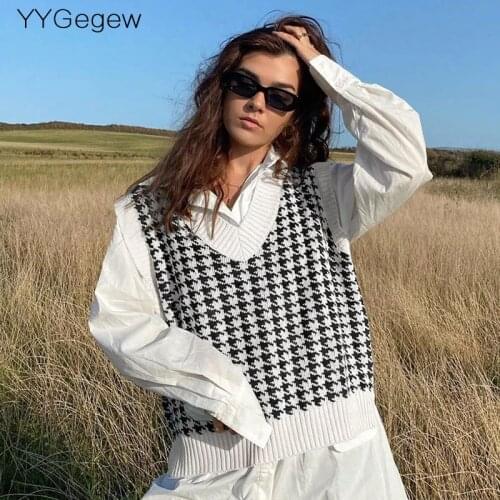 Fashion oversize Houndstooth sweater vest women 2021 autumn winter women female v-neck sweater top