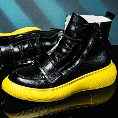 New Fashion Black White Yellow High-Tops Sneakers Men Genuine Leather Ankle Boots Side Zipper Man Schoes With Fur Heren Schoenen
