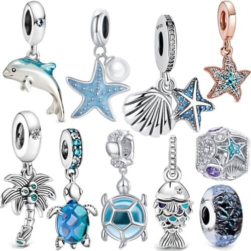 Genuine 100% 925 sterling silver making blue sea turtle starfish charm pendant fit European bracelet necklace woman jewelry DIY