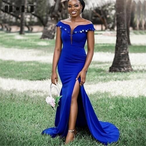 Royer Blue South African Black Girl Bridesmaids Gown Long 2021 Slit Elastic Satin Mermaid Wedding Party Gown Bridesmaids Dress