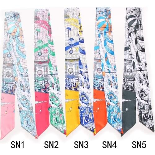 Paris Street Scene Skinny 5*100cm Silk Scarf Women New Fashion Luxury Brand Hot Print Kerchief Bag Neckerchief Wraps Ladies
