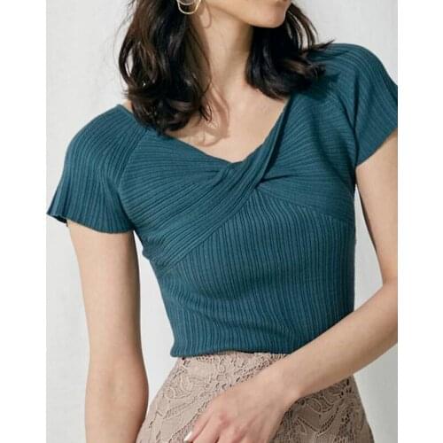 Chic Cross Designed Knitted Tops Women Short Sleeve Elegant Slim Pullovers Female New Solid Stretchy All Match Knitting T-shirt