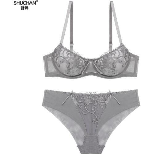 SHUCHAN Fashion Sexy Bra Sets Thin Cotton Underwear Women Set Lace Comfortable Brassiere Gray Bras Embroidery 1645