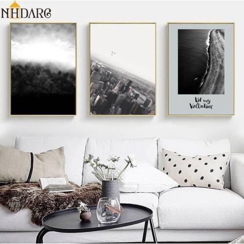 Nordic Modern Black White City Forest Sea Scenery Landscape Canvas Print Painting Poster Wall Picture for Living Room Home Decor