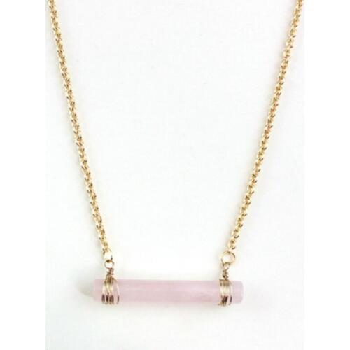Light Yellow Gold Color Wire Wrap Cylinder Natural Rose Pink Quartz Pendant Link Chain Necklace Fashion Jewelry