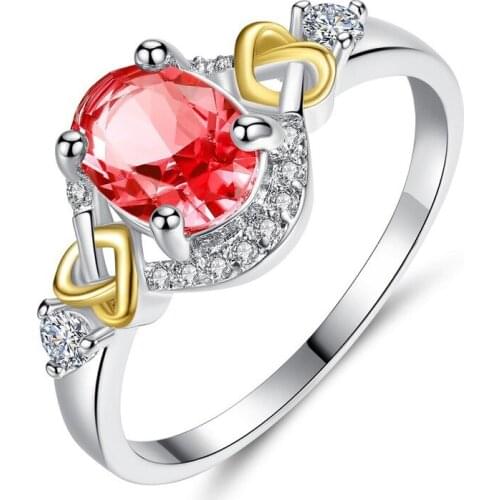 Creativity Oval Shape Crystal Zircon Two Tone Ring Silver Red Stone Engagement Heart Ring Women Wedding Valentines Day Gifts