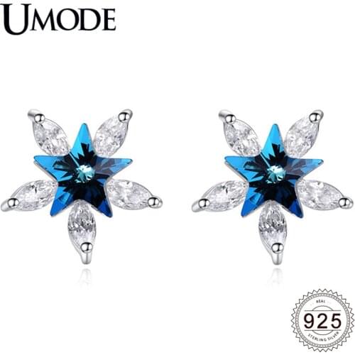UMODE New Fashion 925 Sterling Silver Star Stud Earring for Women Blue Crystal White Gold Jewelry with Clear Zircon ALE0592