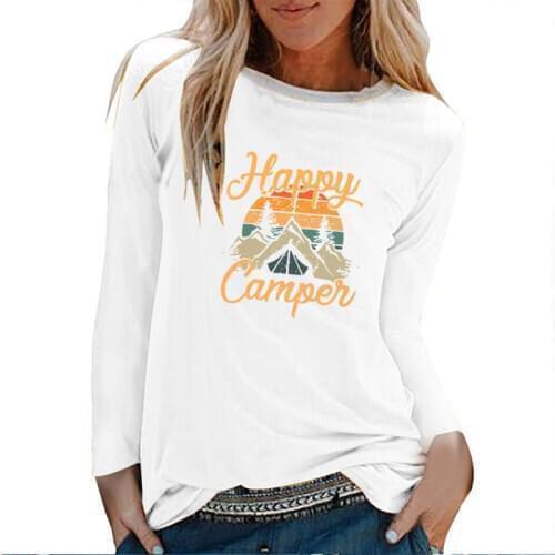 Happy Camper Printed Long Sleeve T-shirts Women Autumn Winter Graphic Tees Fashion Aesthetic Clothes White O Neck Harajuku Top