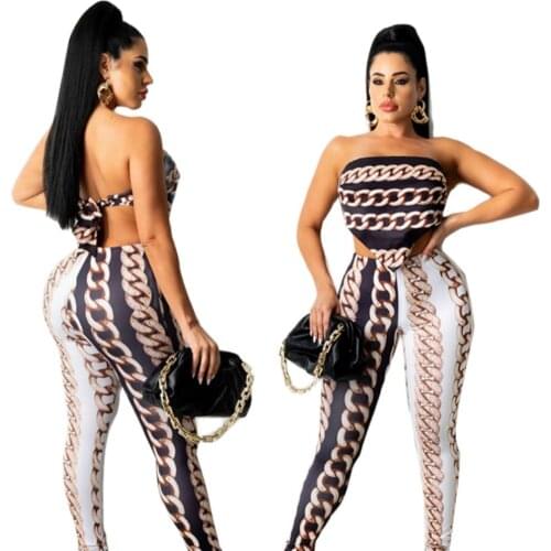 Printed Leggings Set for Women Two-Piece Polyester High-Waist Tube Top Trousers Suit Tops Women 2021