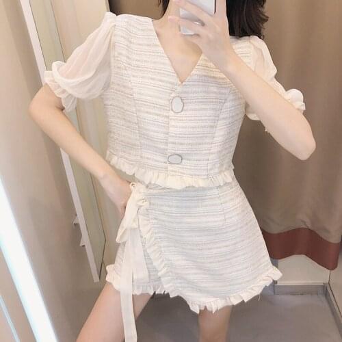 Suits Ladies Summer V-neck Puff Sleeve Shirt Top + Irregular Shorts Women Sweet Two Pieces Sets