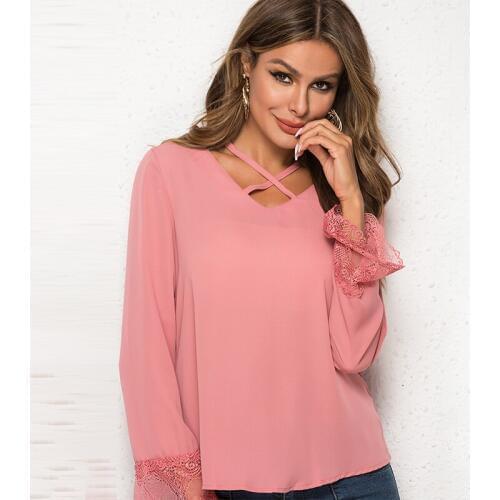 Women Blouse Loose Solid Color Petal Sleeve Lace Patchwork Shirt Round Neck Thin Shirts Casual Tops Soft Summer Spring Plus Size