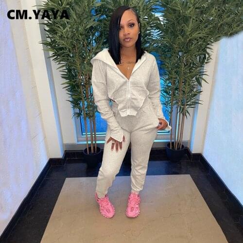 CM.YAYA Women Tracksuit Solid Full Sleeve Zip Hooded Collar Crop Tosp Stretchy Pencil Pants Two 2 Piece Sets Fashion Outfit Fall