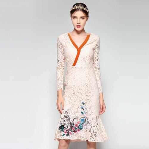 Europe Fashion 2020 Spring New Arrival Mermaid V-Neck Full Sleeve Embroidery Lace Best Quality Knee-Length Dress Women