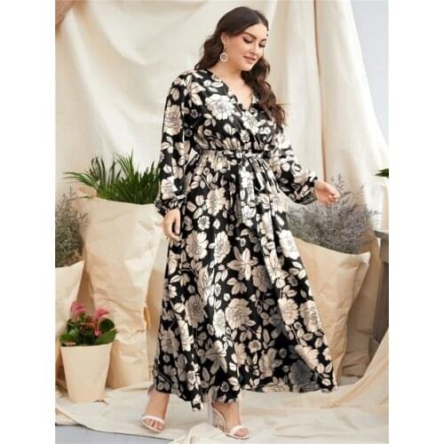 2021 Summer Dress Long Sleeve Women V Neck Floral Print Casual Dress Plus Size Belted High Waist Maxi Long Dresses