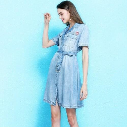 Fashion New Brand Female Embroidery Single Breasted Denim Tencel Dresses Elegant Lapel Sashes Pockets Slim Womens A-Line Dresses