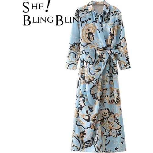 SheBlingBling Za Woman 2021 Traf Midi Dress Summer Vintage Print Long Sleeve Casual Beach High Waist Lace-Up Wrap Female Dress