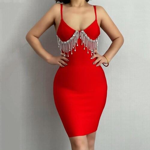 Summer Womens Sexy Spaghetti Strap V-neck Diamond Tassel Bandage Dress Red Bodycon Celebrity Banquet Dress Vestidos