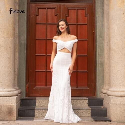 Finove Prom Dress 2020 Long Sexy V Neck Cut Out Waist Sparkly Sequined Mermaid Off The Shoulder Woman Dress vestido de fiesta