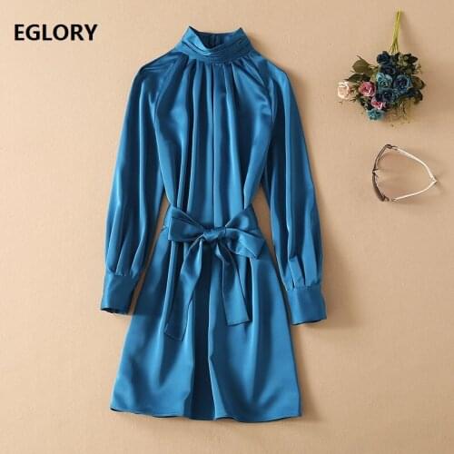 2021 Summer Fashion Silk Dress High Quality Women Stand Neck Bow Belt Deco Long Sleeve Large Swing Dress Royal Blue Vestidos
