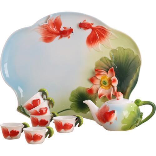 [1 Teapot + 6 Cups + 1 Tray] Authentic 8 Pcs Bona China Tea Set Coffee Mug Set Fish Frog Teapot Cups Coffee Pot Cups Home Gifts