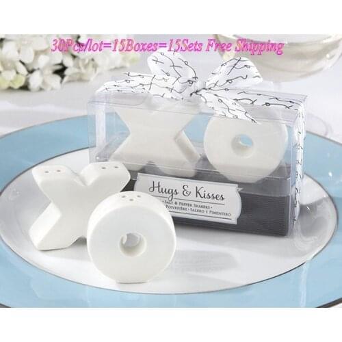 30Pcs/lot=15Boxes) Wedding and Party Favors of Hugs and Kisses Ceramic Salt and Pepper Shakers For XOXO Wedding souvenirs