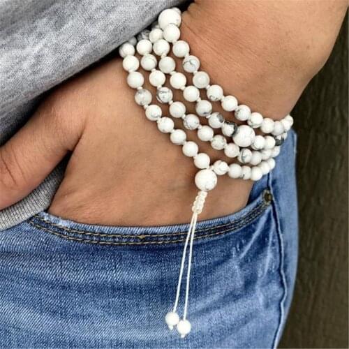 6mm Howlite 108 Beads Gemstone Tassel Mala Bracelet Chakra Prayer Spiritua Wristband Japa Mala Retro