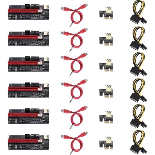 6pcs Newest VER009 USB 3.0 PCI-E Riser VER 009S Express 1X 4x 8x 16x Extender Riser Adapter Card SATA 15pin to 6 pin Power Cable