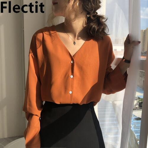 Flectit Womens Blouse V-Neck Button Down Long Sleeve Blouses Summer Spring Ladies Business Chic Outfit