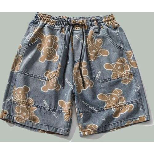 Japanese Bear Print Five Point Jeans Mens Harajuku Hip Hop Campus Cotton Casual Pants NEW Summer Jogger Sports Straight Shorts
