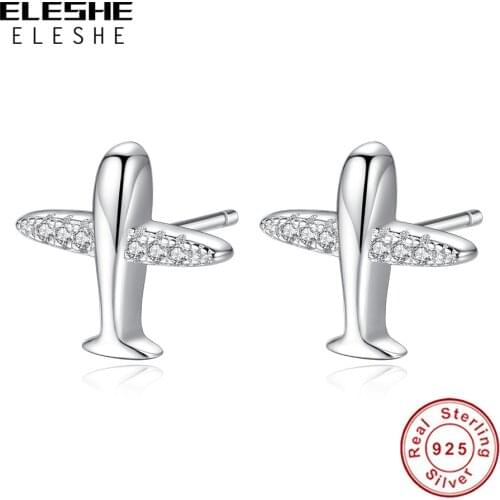 ELESHE 100% Pure 925 Silver Aircraft Stud Earring with Crystal Zircon Airplane Earrings for Women Trendy Fine Jewelry Party Gift