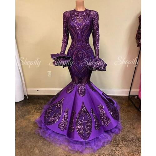 Purple Long Prom Dresses 2020 O-neck Sheer Long Sleeve Black Girls African Sequin Mermaid Prom Party Dress
