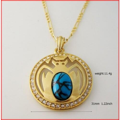 Foromance/ YELLOW GOLD GP 24" FIGARO LINK NECKLACE & BAT BLUE STONE PENDANT DIAMETER 31 MM