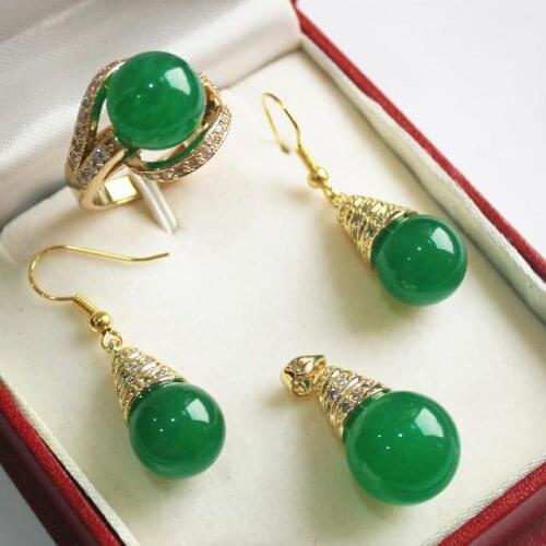 Hot sell ~~ generious and decent GP 12mm green pendant, earring and ring(7-9#) jewelry sets for party and wed