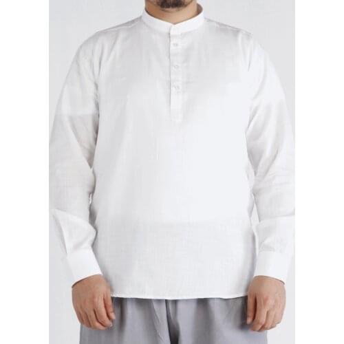 Muslim Shirt Face Cotton Four Button Crew Neck White Sufi of style Casual