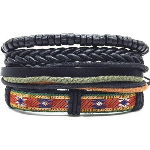 Black Design Beaded Ethnic 4pc/set Handmade Leather Bracelets Women Vintage Men Bangle Male Homme Jewelry Accessories