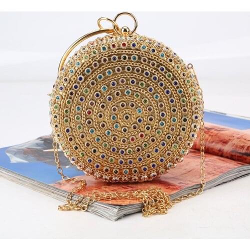 Round Dinner Bag with Diamonds Colored Gemstone Clutch Rhinestone Banquet Bag with Bracelet