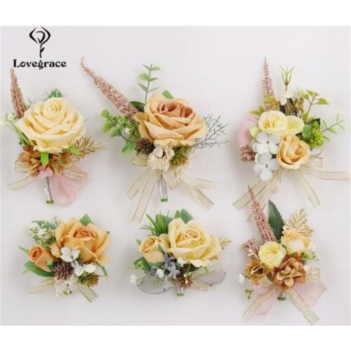 Lovegrace Groom Boutonniere Bridesmaids Wrist Corsage Champagne Silk Rose Bracelet Wedding Boutonniere Marriage Sister Flower