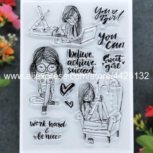 Sweet Girl Work hard Be Nice You Can Heart Read Scrapbook photo cards rubber stamp clear stamp transparent stamp 9081624